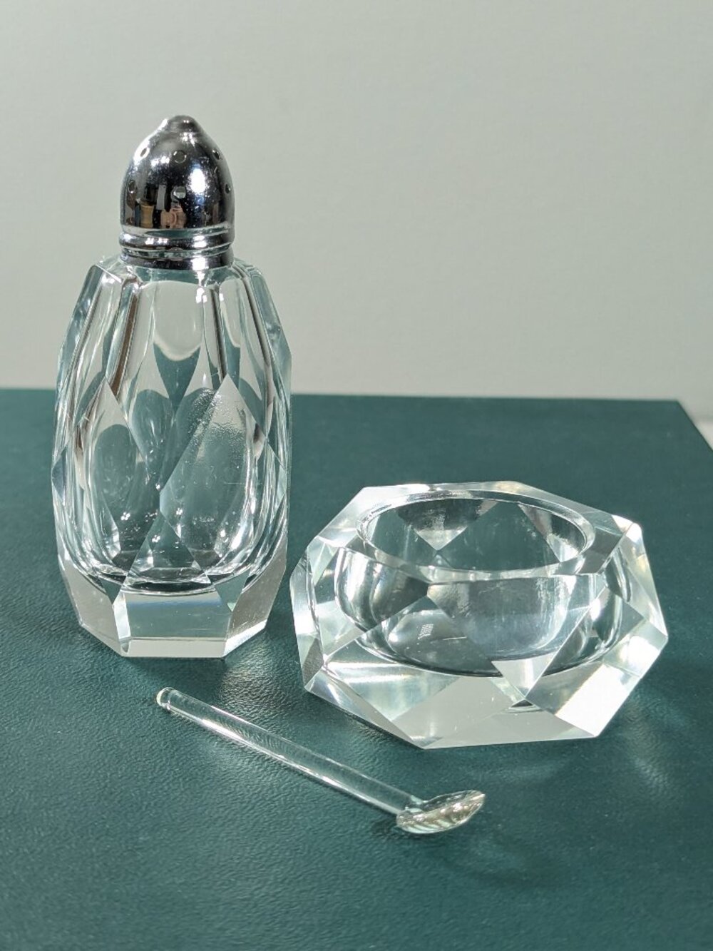 Boxed miniature cut glass salt and pepper set, open salt with tiny snuff spoon